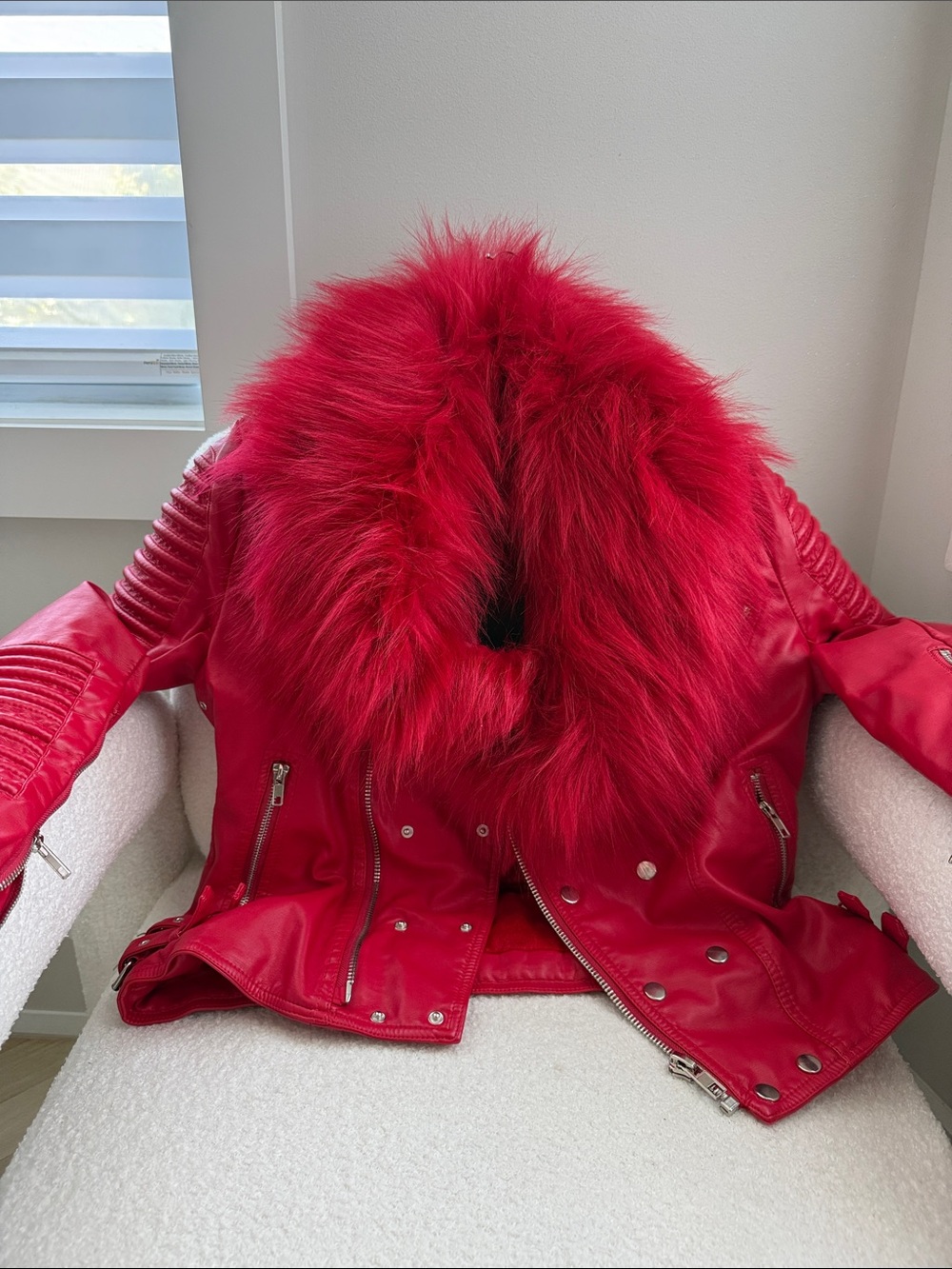 Women's Red Faux-Leather Moto Jacket with Plush Fur Collar